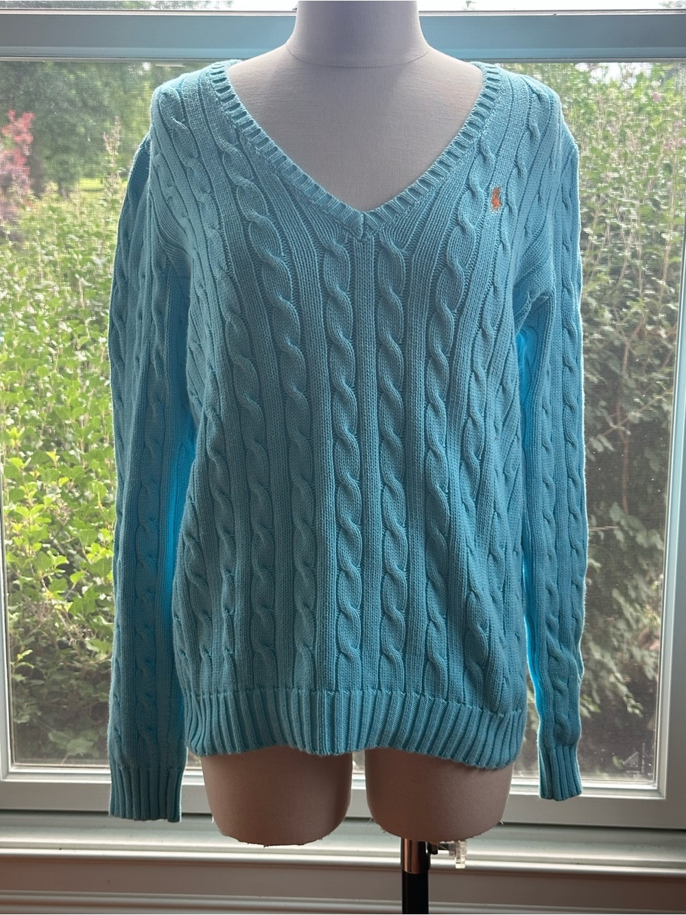 Ralph Lauren Sport | Cable Knit V-Neck Sweater | Blue with Orange Pony | Size M